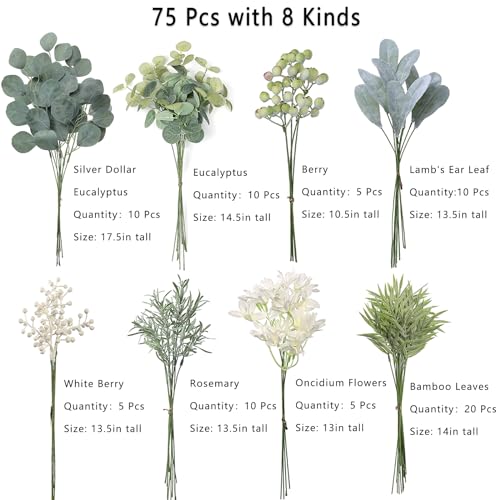 FOTEEWL 75 Pcs Artificial Greenery Stems Box Set,with 8 Kinds of Faux Plants and Fake Flowers for DIY Bridal Bouquets Wedding Floral Arrangement Table Centerpieces Decoration (Sage Green) - color: Sage Green