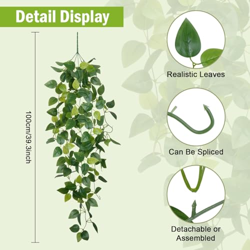 6Pcs Artificial Pothos Fake Hanging Plants Vines Faux Hanging Plants Fake Ivy Vines Pothos Leaves Artificial Greenery for Aesthetic Wall Kitchen Bedroom Shelf Living Patio Home Indoor Outdoor Decor - color: Green-6pcs