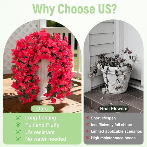 Fake Bougainvillea Artificial Flowers for Outdoors Decoration 2 pcs Faux Hanging Flowers Plants for Outdoor Planters UV Resistant Silk Bougainvillea Vines for Front Door Porch Urn Patio Garden - color: Red
