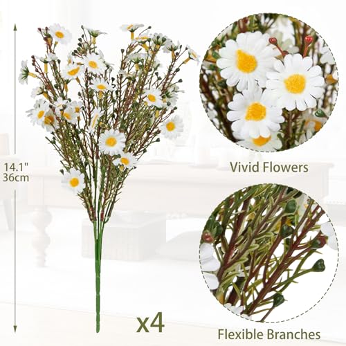 UV Resistant White Daisy Artificial Flowers Lush 4 Bouquets Silk Fake Daisies, 14" UV Protected Faux Daisy Flowers for Indoor & Outdoor Vase, Planter, Floral Arrangements, Centerpieces, Wedding Decor - color: White