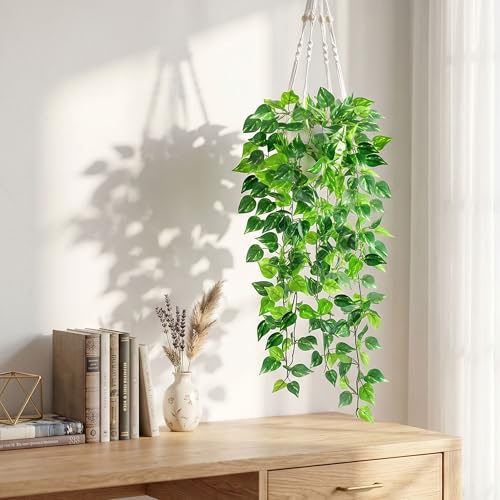 DREAMLOOM Fake Hanging Plants with Pot, Artificial Pothos Hanging Plants with Macrame Hanger for Indoor Decor, Fake Hanging Vines Faux Greenery for Home Kitchen Office - color: Pothos