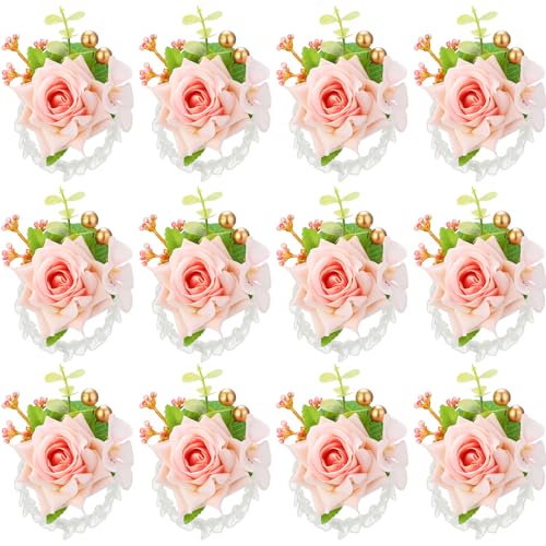 Sherr Pink Set of 12 Rose Wrist Corsages for Wedding Corsage Flower Wristlet Floral Wedding Wrist Bridal Rose Leaf Hand Flowers for Bride Bridesmaid Prom Engagement Festival - color: Pink
