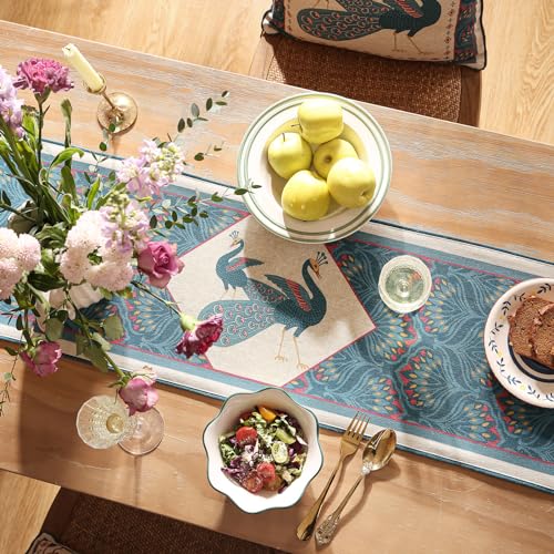 bilingaier Vintage Blue Peacock Small Table Runner for Table,Decorative Linen 102 Inches Long Table Runners,Decor Tabletop for Kitchen,Dining,Tea Party,Home,Christmas,12"x102" - color: Dorodangoa, size: 12"*102"