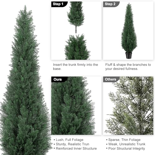 5FT Artificial Cedar Trees, Set of 2 - UV Resistant Realistic Faux Evergreen Cypress Trees, Adjustable Branches, All Weather for Front Porch, Outdoor Planters, Indoor Home Decor - size: 5ft