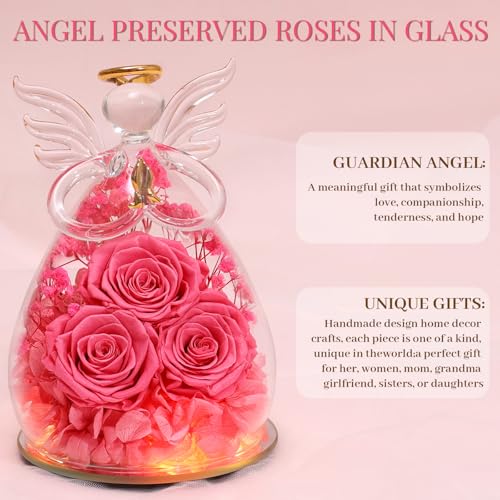 Beferr Gifts for Mom Birthday Gifts for Women, Fresh Flowers for Delivery Forever Preserved Rose in Glass Angel Figurine, Anniversary Christian Real Rose for Grandma Wife Mother from Daughter Son - color: L Rose Pink