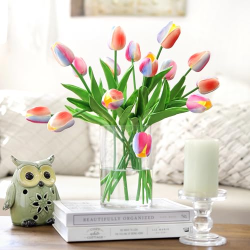 FiveSeasonStuff Real Touch Rainbow Tulips Bouquet, 15 Multicolor Artificial Stems with Soft PU Petals - color: Pastel Rainbow