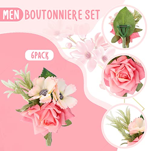 Jexine 12 Pcs Boutonniere and Corsage for Wedding Mother's Day Party Flower Wrist Corsages with Pins for Men Women Groom Bride Groomsmen Prom Ceremony Anniversary Dinner Decor(Pink) - color: Pink
