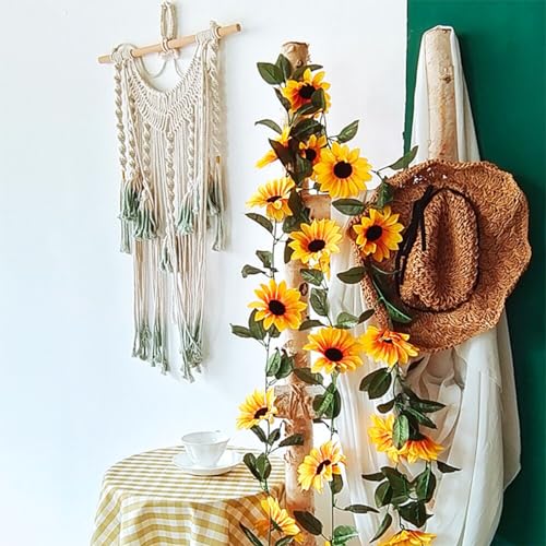 2 Pack Artificial Sunflower Garland Faux Silk Decor Sunflower Vine Hanging Flowers for Outdoor with Green Leaves Home Wedding Party Decoration