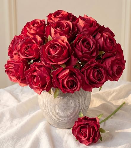 Ivydale 18pcs Red Roses Artificial Flowers, Fake Roses Silk Flowers with Stems Realistic Bouquet for Wedding Party Mother's Day DIY Centerpiece Floral Romantic Gifts - color: Rose-red