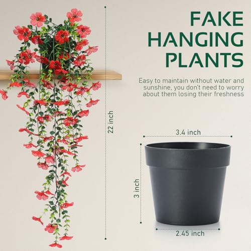 FAVOWREATH Fake Plants Hanging Artificial Potted Faux Eucalyptus Plants and Flowers for Modern Boho Farmhouse Bathroom Office Desk Wall Book Shelf Living Room Aesthetic Decor Indoor (Red) - color: Red