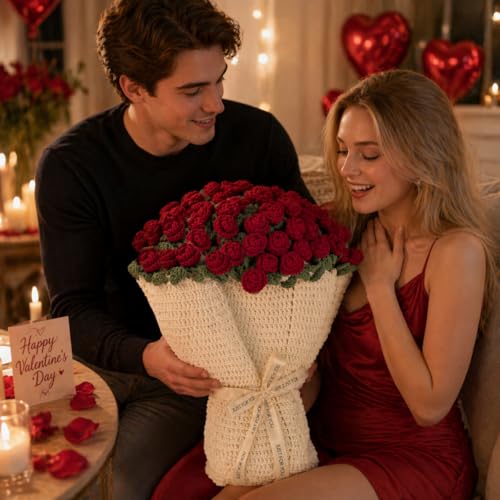 Crochet Flower Bouquet Throw Blanket, Cute Romantic Gift for Her Girlfriend Mom Mother’s Day Valentine Wedding Anniversary Birthday (Red, 40 inches) - color: Red, size: 40 inches