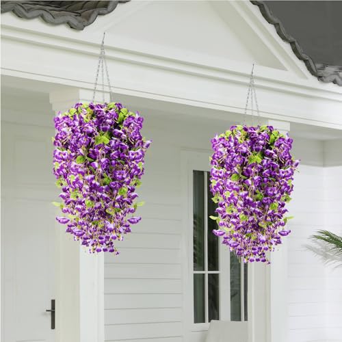 XunYee 8 Pcs Artificial Hibiscus Flowers for Outdoors Spring Summer Decor Fake Hanging Flowers Plants Uv-Resistant Faux Hibiscus Flower for Outside Porch Patio Front Door (Blue and Purple) - color: Blue and Purple
