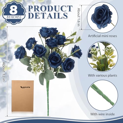 Zeyune 8 Pack Artificial Mini Dark Blue Roses, 12 Inch Fake Flowers with Stems, 80 Small 1.6 Inch Flower Heads, Silk Mini Rose Bouquets for Wedding Centerpieces, Bridal Bouquets, Home Party Decor - color: Dark Blue
