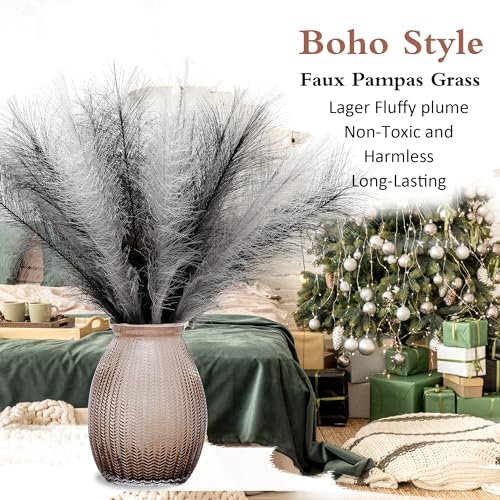 Black and Gray Pampas Grass Decor, 30 Pcs 17" Faux Pampas Grass Short Decor, Pompas Grass Flower Arrangement and Vase Filler for Boho Home Wedding Decoration - color: Black & Gray, size: 17'' Tall