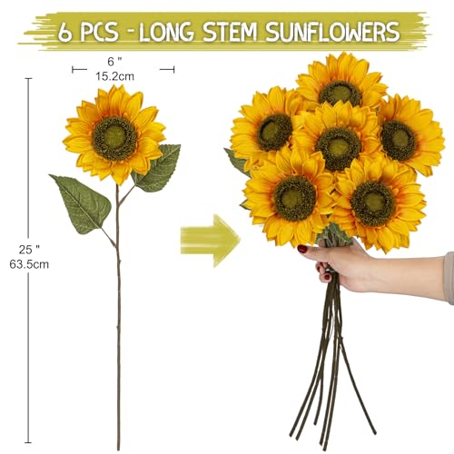 Large Silk Yellow Sunflowers Artificial Fall Flowers 26" Long Stem Artificial Sunflower 6 Pcs Tall Fake Sun Flowers Vintage Faux Sunflowers Bulk with Stem for Home Wedding Birthday Party Decor - color: Vintage Yellow