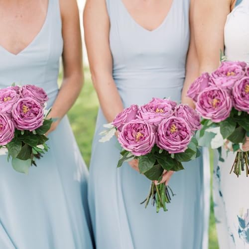 IPOPU 5PCS Purple Roses Artificial Flowers Real Touch Latex Artificial Roses Fake Peony Stems for Wedding Bouquet Party Home Decor (Purple) - color: Purple