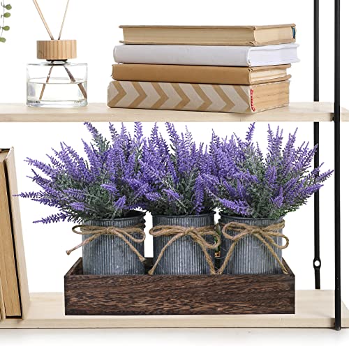 Set of 3 Small Potted Plants Arrangement Artificial Lavender Flower Plants in Rustic Galvanized Metal Pots with Decorative Wood Tray for Farmhouse Table Centerpiece Windowsill Country Indoor Decor