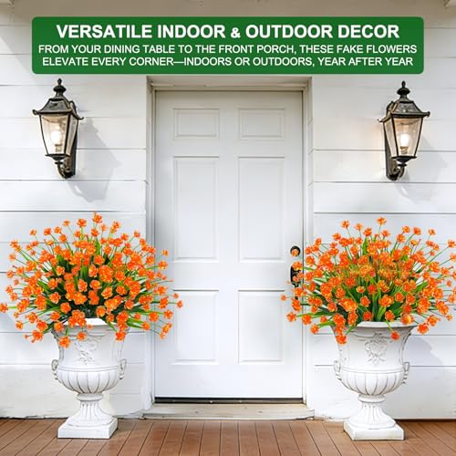 TURNMEON 12 Bundles Artificial Flowers for Outdoors Summer Decorations, UV Resistant Fake Mums Realistic Fake Plants Faux Plastic Flowers for Outdoor Indoor Home Gardens Porch Fall Decor(Orange Red) - color: Orange Red, size: 12 Bundles