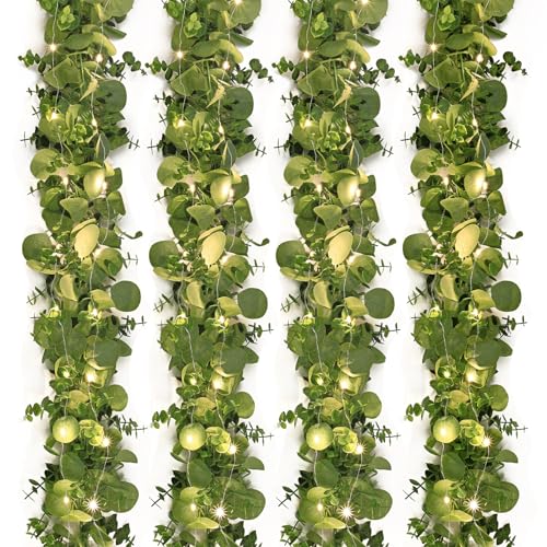 Dolicer 4 Packs 6FT Artificial Eucalyptus Garland with LED Light String, Faux Greenery Garland Hanging Fake Silver Dollar Eucalyptus Leaves Vines for Wedding Backdrop Arch Table Wall Party Home Decor - color: Grey Green With Light, size: 4 Packs