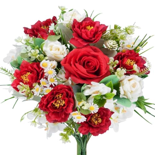 14in Cemetery Flowers for Grave Vase Red and White Flowers Fake Red Roses | Grave Flowers for Cemetery Memorial Mixed Artificial Flower Bouquet Silk Flower Arrangements for Home Table DIY Wedding - color: Red White
