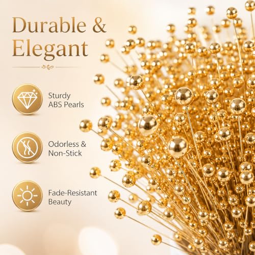 60 Pieces Pearl Stick Stems Bouquets, 4mm Bead String Garland Beaded Spray Filler Floral Arrangements Tree Picks Wedding Party Decoration, Mother's Day Flower Decor, Christmas Tree Picks (Gold) - color: Gold