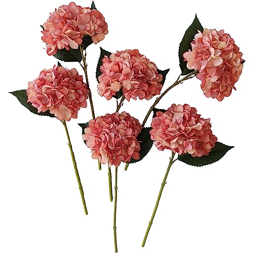 Coral Hydrangea Artificial Flowers,6 Pcs Faux Hydrangea Flowers,Artificial Hydrangeas Flowers with Stems,Fake Hydrangeas, Silk Flowers Color with Stems for Home Decor (6, Coral) - color: Coral