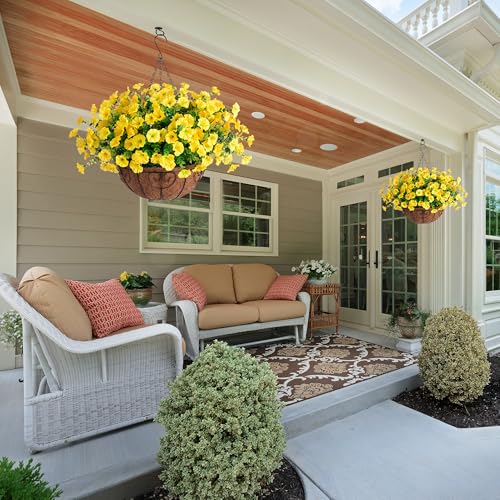 Artificial Fake Hanging Flowers Plants Baskets for Spring Outdoors Decor, Faux Silk Morning Glory in Planter UV Resistant Realistic Outside Flowers for Outdoor Porch Patio Balcony Yard Home, Yellow - color: B Yellow
