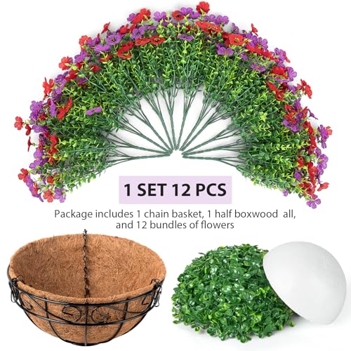 Artificial Fake Hanging Flowers Plants Basket Outdoors, Faux Silk UV Resistant Look Real Daisy Eucalyptus for Spring Summer Garden Porch Home Patio Balcony Yard Decorations, Red Purple - color: Red and Purple