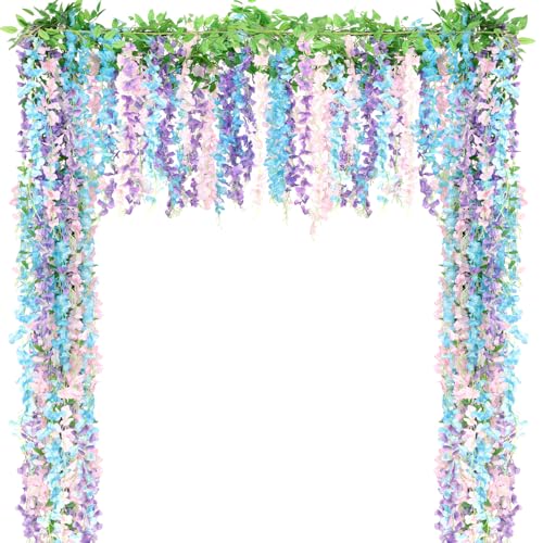 Thiccywoov 4pcs Wisteria Artificial Flowers Garland, 7.2Ft/Piece Wisteria Hanging Flowers Garland for Wedding Arch Decoration Outdoor Ceremony Home Backdrop Garden (Pink,Purple,Blue) - color: Pink, Purple, Blue