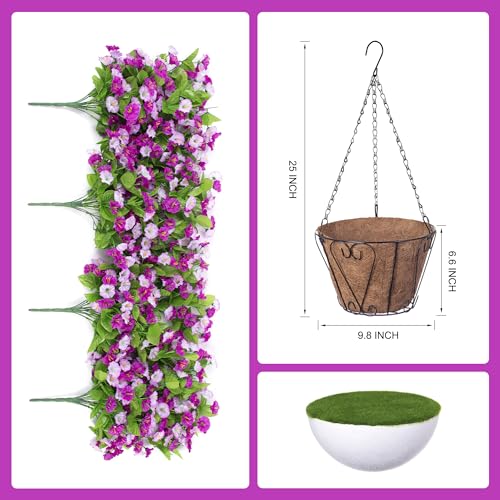 INXUGAO Artificial Flowers with Hanging Basket, Outdoor Faux Plants Silk Morning Glory Vines, Fake Green Arrangement for Garden Patio Spring Summer Decor(4pcs,Darkorchid) - color: Darkorchid