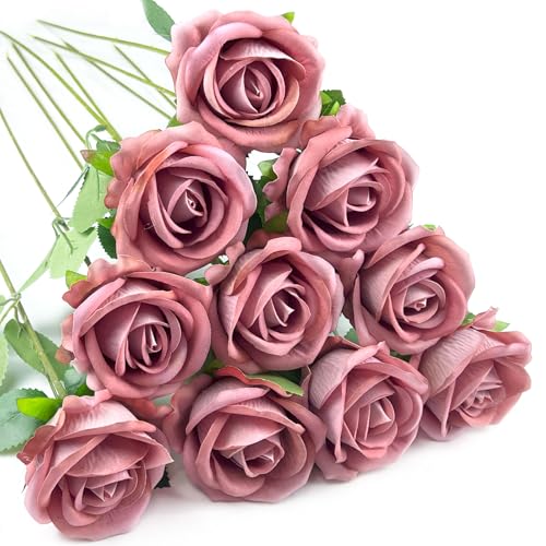 10 PCS Artificial Roses with Long Stems Silk Flowers Realistic Foam Flowers Fake Roses for Valentine's Day Home Wedding Halloween Decor(Dim Pink) - color: Dim Pink