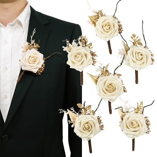 Beige&Gold Boutonniere for Men,Prom boutonnieres,Groom and Groomsmen Boutonniere for Wedding Ceremony Anniversary, Formal Dinner Party and Grad Night (Set of 6) - color: Beige&gold, size: set of 6
