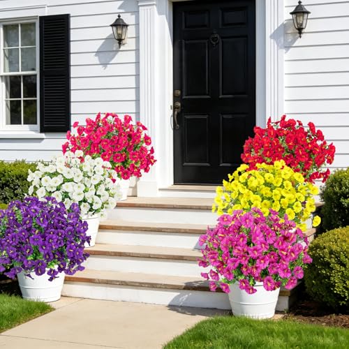 Bassion Artificial Flowers for Outdoors, 20 Bundles Silk Fake Flowers UV Resistant Realistic Morning Glory Faux Eucalyptus Plants for Outside Planters Porch Window Box Garden Indoor Decor - color: Multi Color(red,white,yellow,purple,rose Red,fuchsia)
