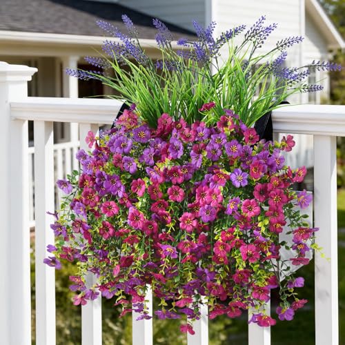 Artificial Fake Hanging Flowers Plants for Outdoor Outside Decoration, Faux Silk Daisy Flower Realistic UV Resistant for Front Porch Patio Balcony Garden Yard Indoor Planter Home Decor(Purple Pink) - color: Purple Fuchsia