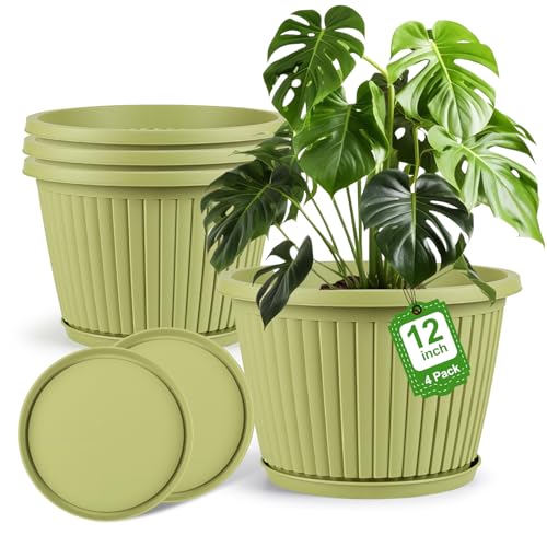 12-inch-Planters-for-Outdoor-Plant，Plastic Indoor Flower Pots with Drainage Holes & Saucer，4 Packs Decorative Garden Pots for Plantfor Home Porch Decor - color: Avocado Green, size: 12 inch-4 Pack