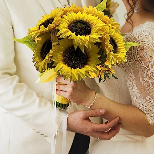 12PCS Sunflowers Artificial Flowers Silk Flower with Plastic Soft Rod Stems Yellow Sunflower Bridal Wedding Bouquet Decorations for Home Wedding Party Birthday Bulk Dark Center Single