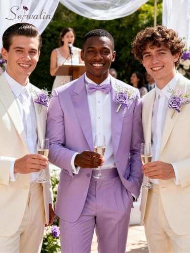 Serwalin 6 Pcs Purple Boutonniere for Men, Groom Groomsmen Best Man Guest Boutonnieres，Artificial Flowers Silk Rose for Wedding Prom Ceremony Anniversary Party Homecoming - color: Purple, size: Boutonniere 6pcs