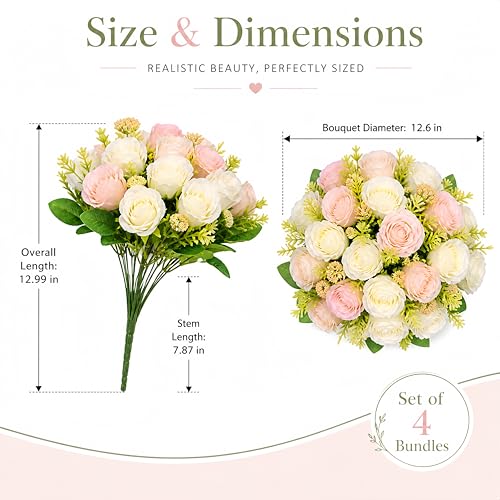4 Bundles Peony Artificial Flowers, White Peonies with Stems for Home Wedding Party DIY Decor
