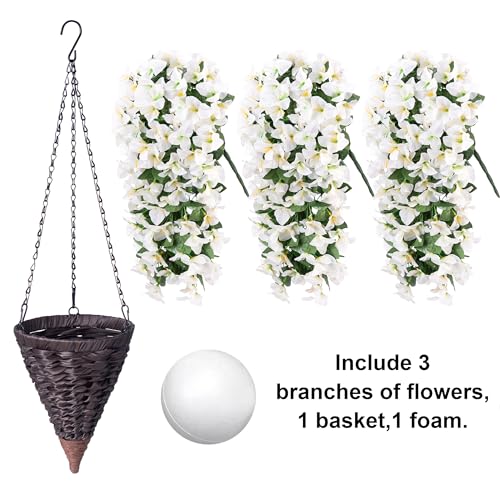 INSPRING Artificial Bougainvillea Faux Flowers Plants Baskets for Outdoor Outside Decoration, 3PCS Fake Silk Flowers Long Trailing Vines UV Resistant Realistic for Front Door Porch Patio (White) - color: White