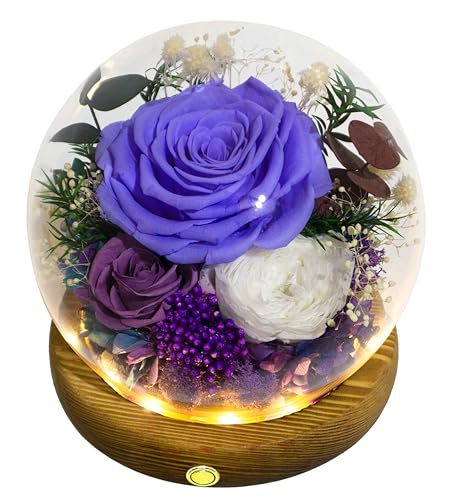 Valley of Rain & Forest Long-Lasting Real Flowers With Delivery | Unique Floral Gift For You to Send Love for All Occasions, Aesthetic Home Decor (Forever Preserved Violet Rose Arrangement) - color: Violet Rose, Purple rose, White Austin Rose