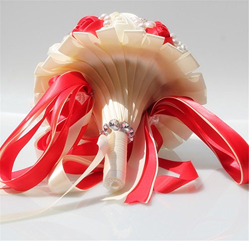 USIX Handcraft Popular Satin Rose Rhinestone Brooch Flower Pearl Bridal Holding Wedding Bouquet Wedding Flower Arrangements Bridesmaid Bouquet(Red+Ivory) - color: Red+ivory