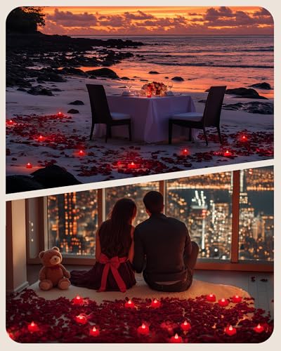 Amagic 4000 Pieces Red Artificial Rose Petals with 50 Red Heart LED Tea Lights, Rose Petals and Candles Set for Proposal, Anniversary, Romantic Night, Wedding Decor - color: 50 Pcs Red Candles + 4000 Pcs Red Petals