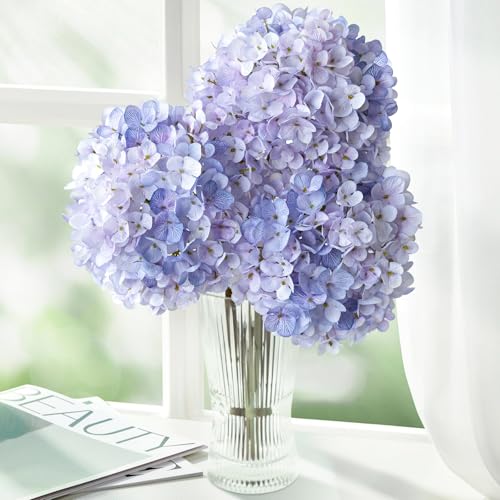ZYTUYO 3PCS Purple Hydrangea Artificial Flowers 25.6" Large Fake Hydrangeas Flowers with Stems Faux Silk Bouquet for Indoor Home Decor Table Wedding Party Floral Outdoor Centerpieces - color: Light Purple