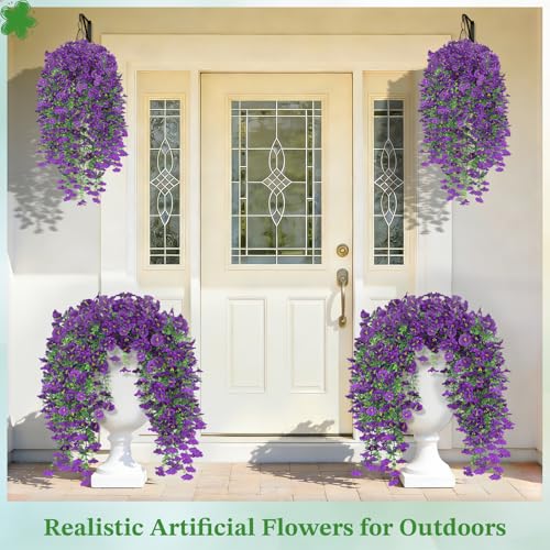 Artificial Hanging Flowers for Outdoors, 6Pcs UV Resistant Morning Glory Vines Fake Flowers with Eucalyptus, Realistic Silk Faux Hanging Plants Decor for Outside Planter Porch Patio (Purple) - color: Purple