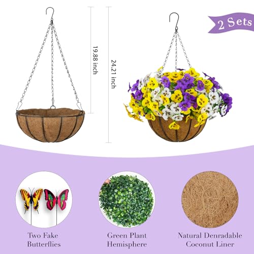 SupBri Artificial Pansies Flowers with Hanging Basket & 2 Fake Butterflies, Silk Flowers for Outdoor Spring Summer Decor, UV Resistant Hanging Plants for Garden Patio (2 Set - color: 2 Hanging Set (Yellow/Purple/White )