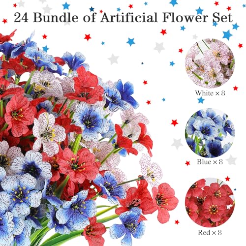 AGIRL 24 Bundles Artificial Flowers for Outdoor,No Fade Fake Plastic Flowers for Garden Porch Window Box Home,Red White Blue Faux Plants for 4th of July Memorial Day Independence Day Patriotic Decor - color: Mix 3 Colors, size: 24