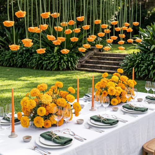 12 Pack 5 ft Artificial Marigold Flowers Hanging Garland Decorations Orange Marigold from Ceiling Dangling Faux Floral Vine Strings with Hook for Wall Autumn Party Day of the Dead Decor - color: Orange Color