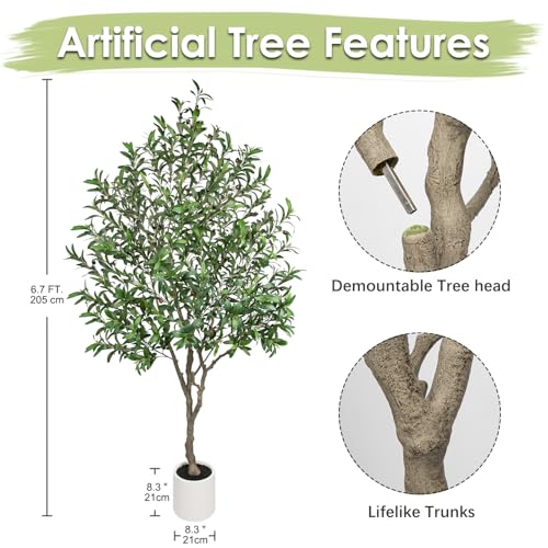 Hollyone Faux Olive Tree 7Feet Tall Fake Olive Tree 7FT with Pot Indoor Lifelike Wood Trunk and Fruits Large Potted Artificial Tree Plant with Tall Ceramics Pot Planter Housewarming Home Decor Gift - color: Green - 6.7 Ft