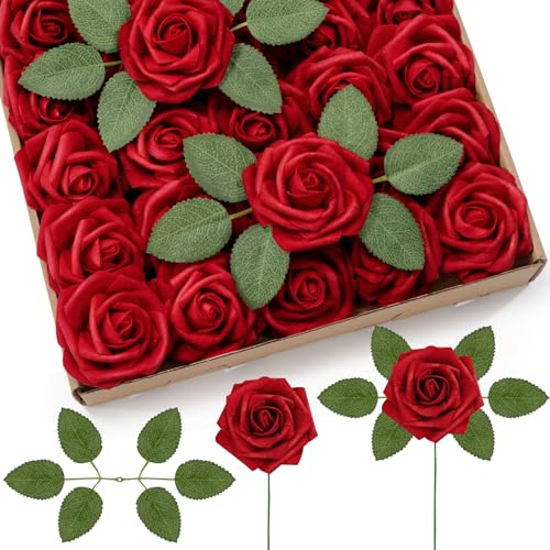 Lifewit Artificial Flowers, 25 Pcs Dark Red Foam Real Looking Roses with Stems, Fake Roses for DIY Wedding Bouquets, Centerpieces Arrangements, Valentine Decorations - color: Dark Red
