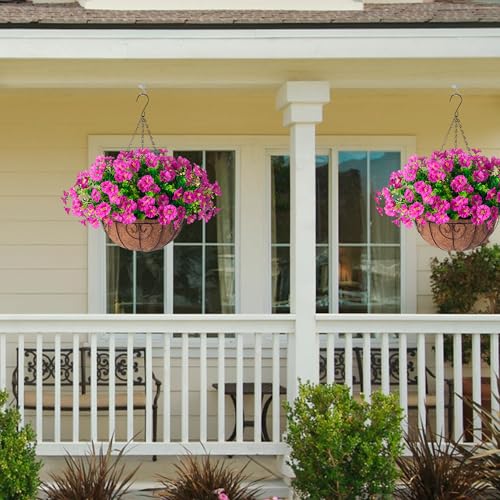 Artificial Fake Hanging Flowers Plants Baskets for Outdoor Spring Summer Decoration, Faux Silk Morning Glory in Planter UV Resistant Realistic for Home Outside Porch Patio Balcony Garden Yard, Fuchsia - color: B Fuchsia
